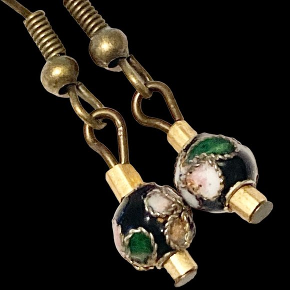 Vintage Cloisonne Bead Earrings Round Black Gold Tone Bronze Plated Dainty - Picture 3 of 13